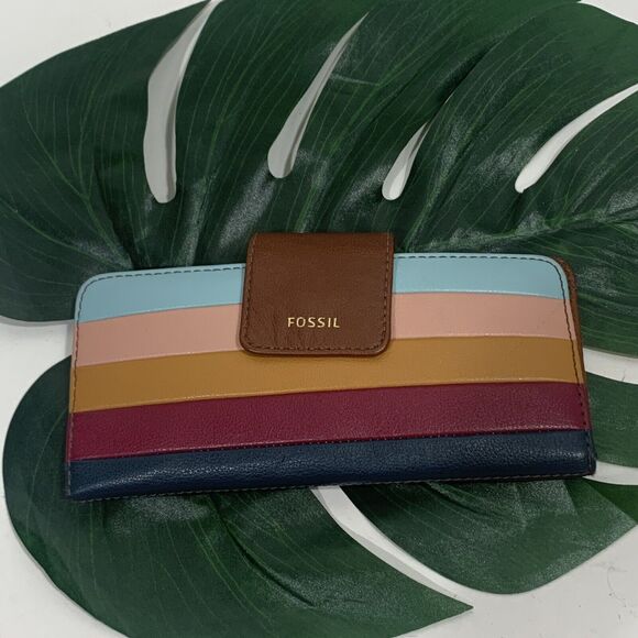 Fossil Leather Stripe Snap Button RFID Wallet Women - Picture 3 of 9